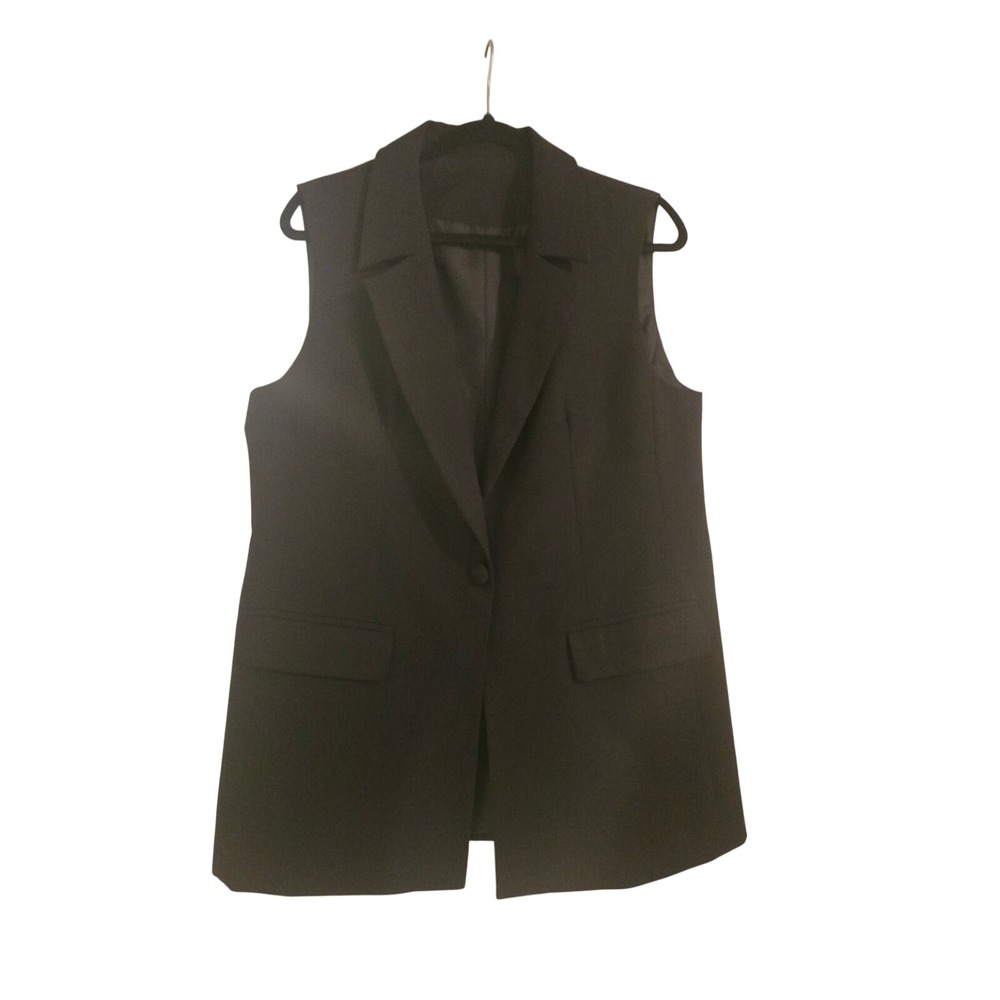 Black Sleeveless Blazer Vest Notched Lapel Single Button Large